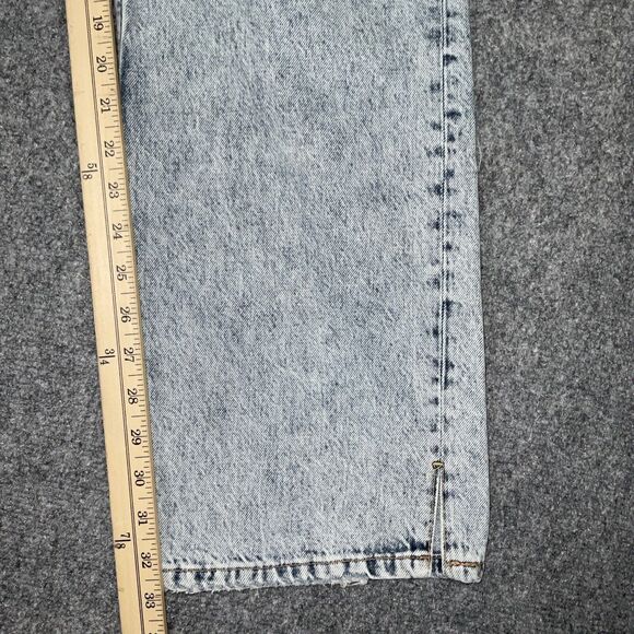 Free People Jeans Womens Size 32  Blue Acid Wash 80's Straight distressed patch - Picture 7 of 12